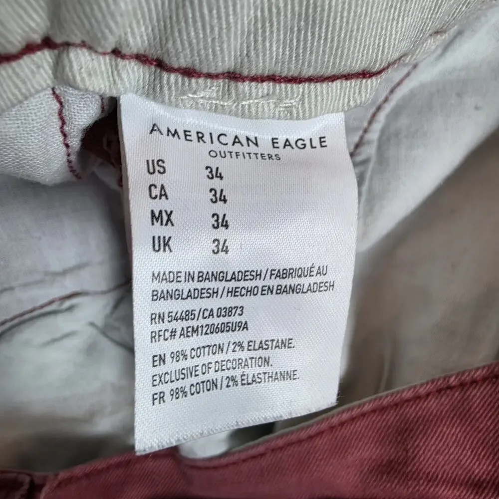 American Eagle Men's Stretch Chino Shorts Size 34 Red Burgundy Casual Cotton Fla